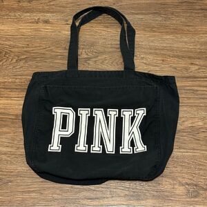 PINK Victoria's Secret Classic Black Canvas Tote White Letters